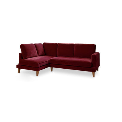 Gillian 3 Seater Large Corner Sofa - Burgundy Red Velvet with Dark Oak Legs - Laura James 