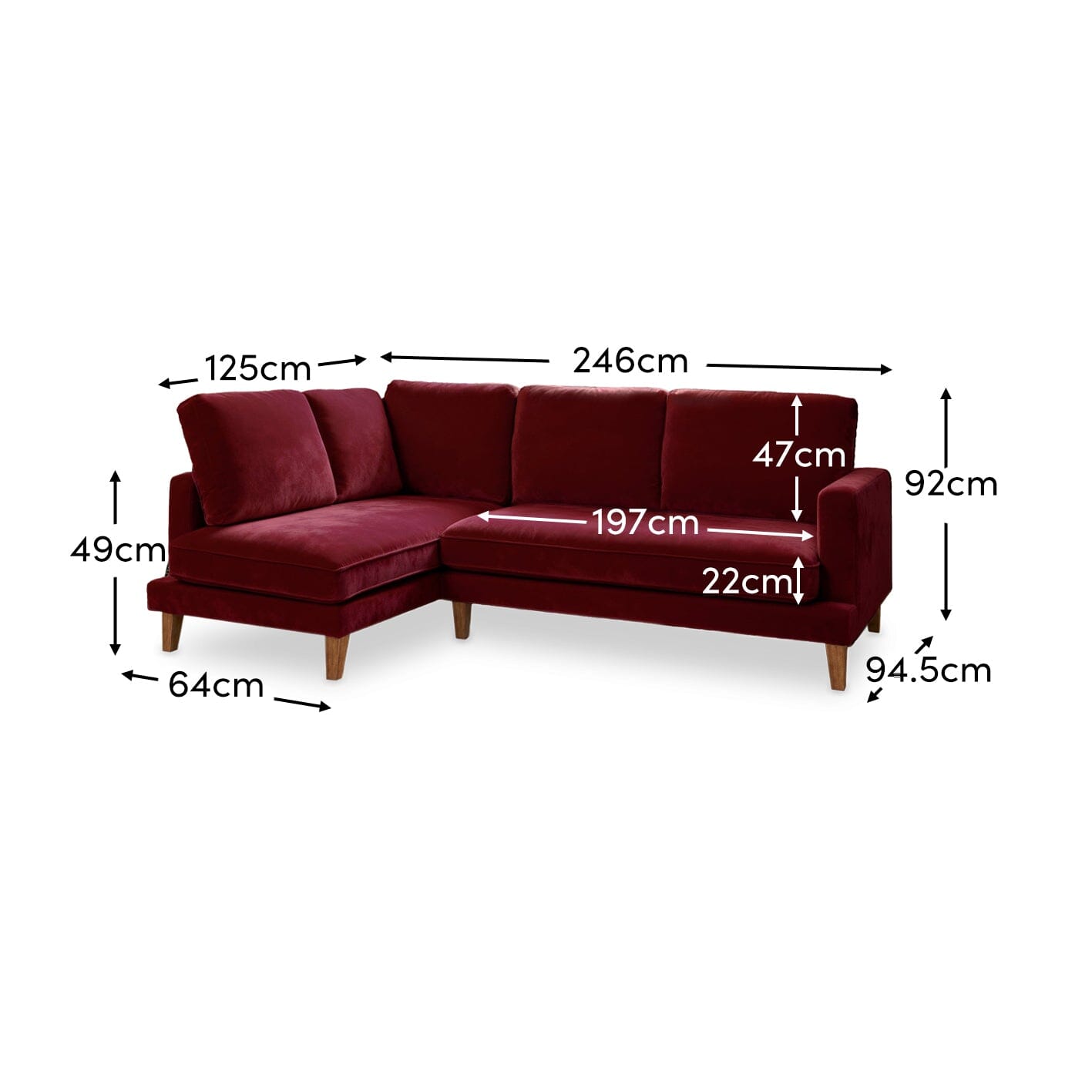 Gillian 3 Seater Large Corner Sofa - Burgundy Red Velvet with Dark Oak Legs - Laura James 