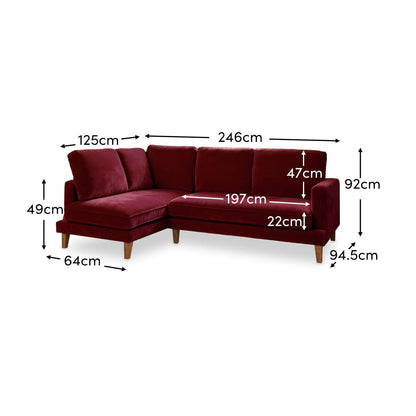 Gillian 3 Seater Large Corner Sofa - Burgundy Red Velvet with Dark Oak Legs - Laura James 