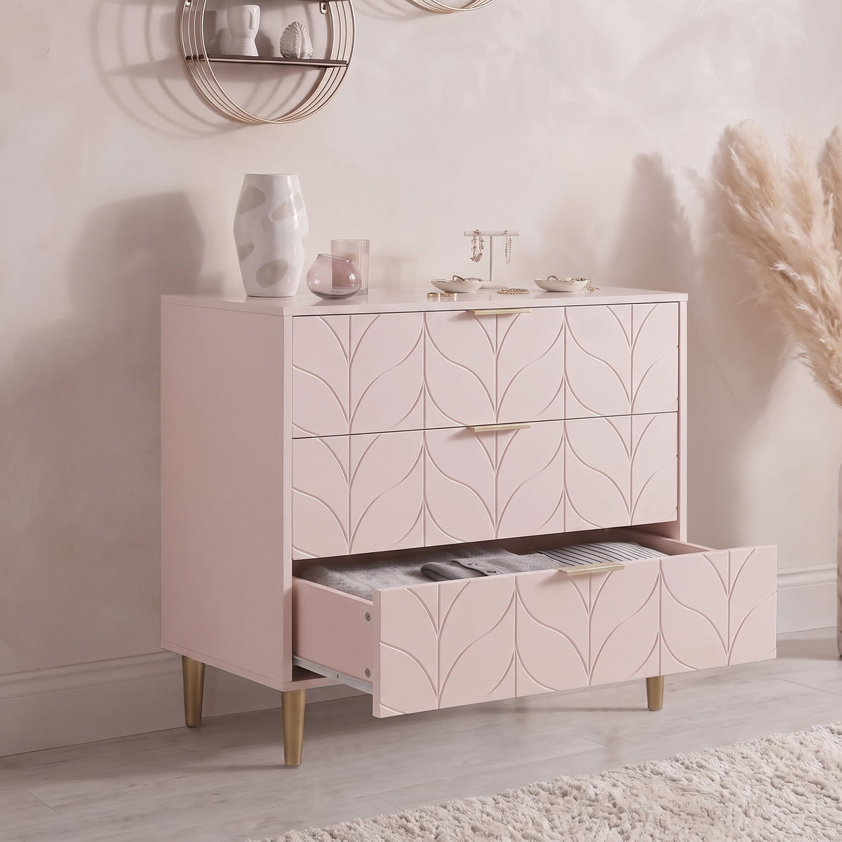 Gloria 4 Piece Bedroom Furniture Set - 3 Drawer Chest of Drawers - Blush Pink