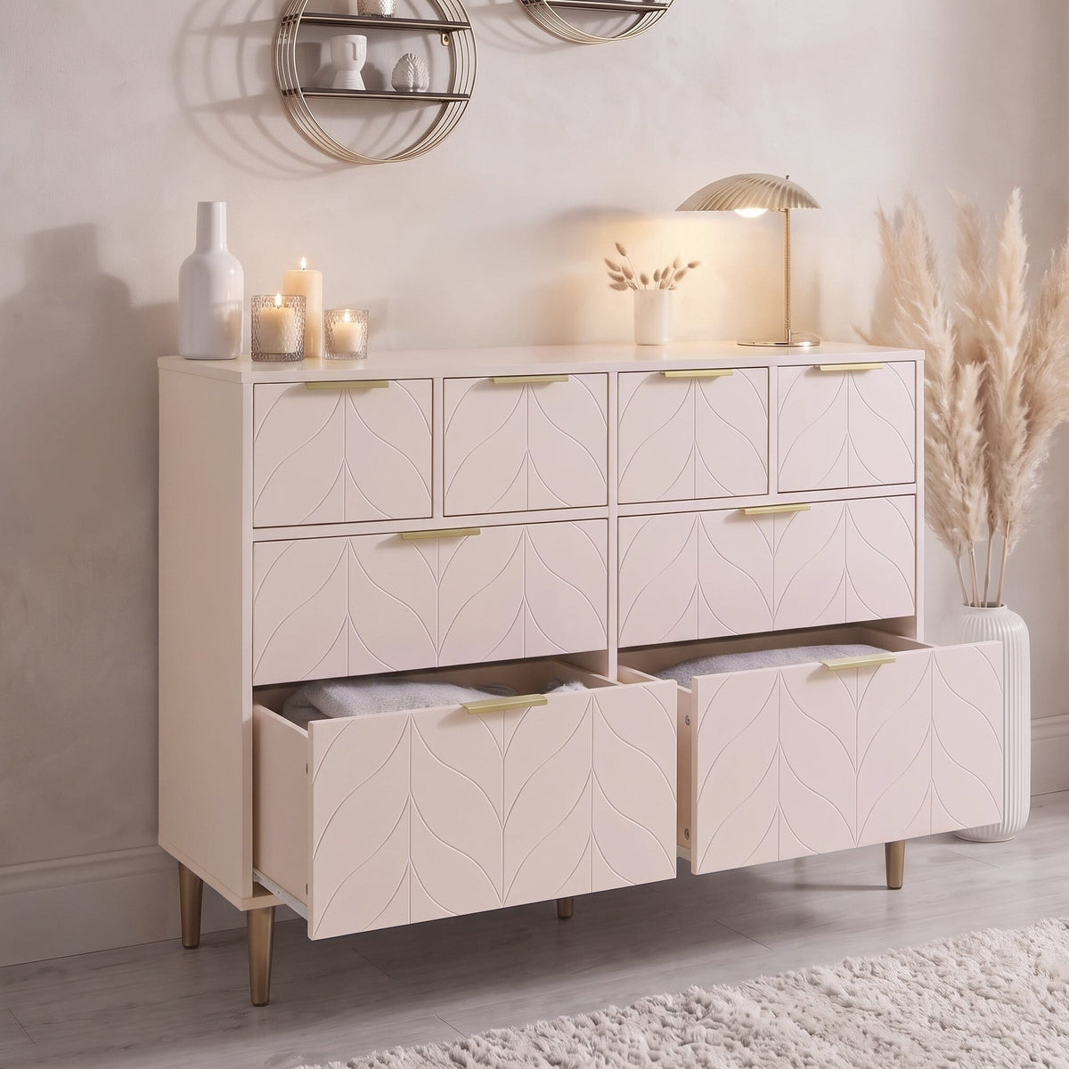 Gloria 4 Piece Bedroom Furniture Set - 4 Over 4 Chest of Drawers - Blush Pink