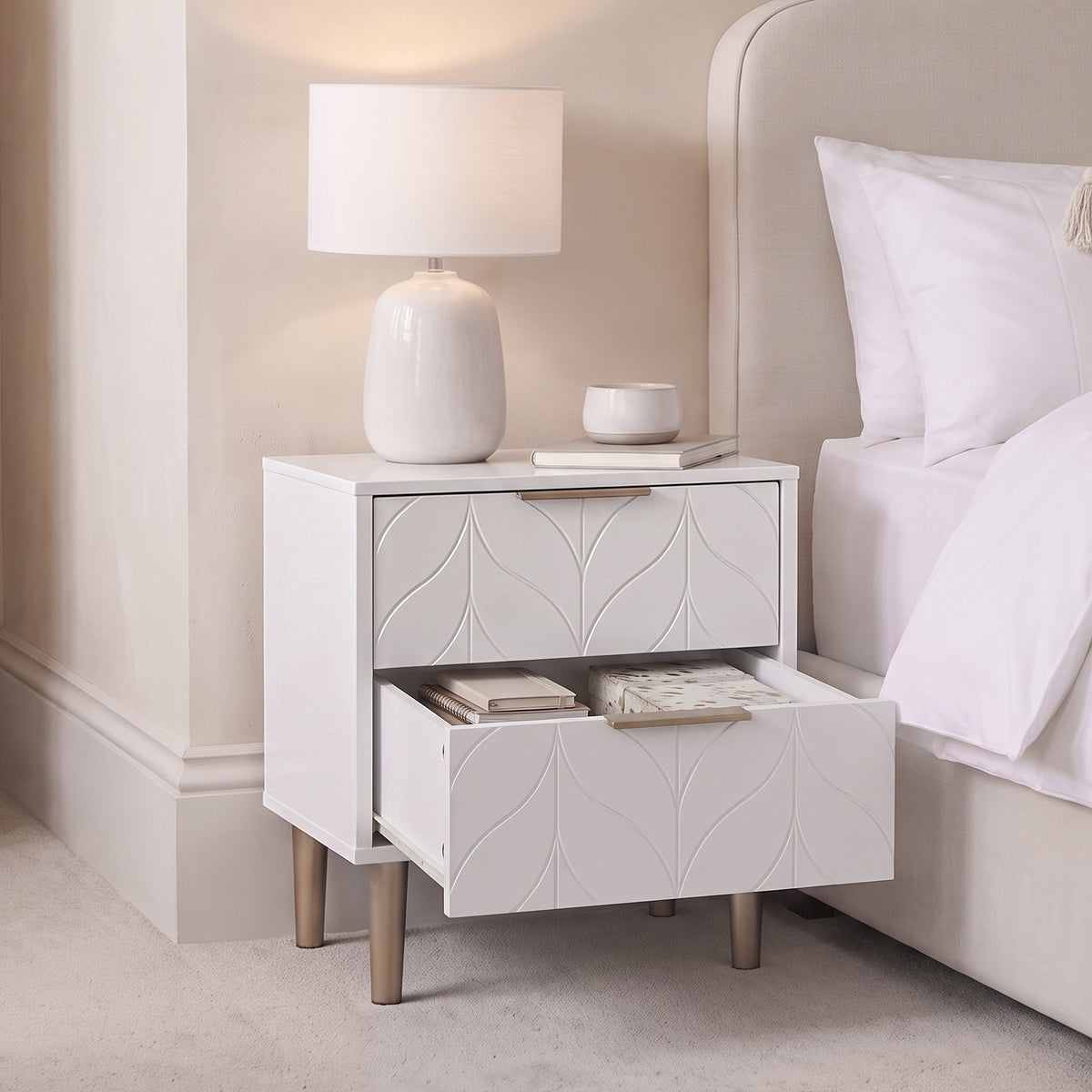 Gloria Bedside Tables - Set of 2 - White & Brass Effect