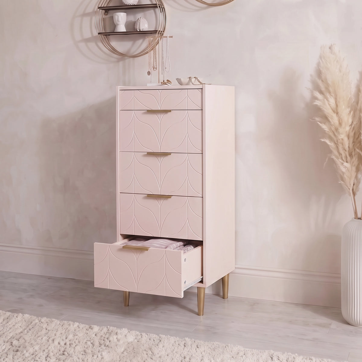 Gloria 4 Piece Bedroom Furniture Set - 4 Over 4 Chest of Drawers - Blush Pink