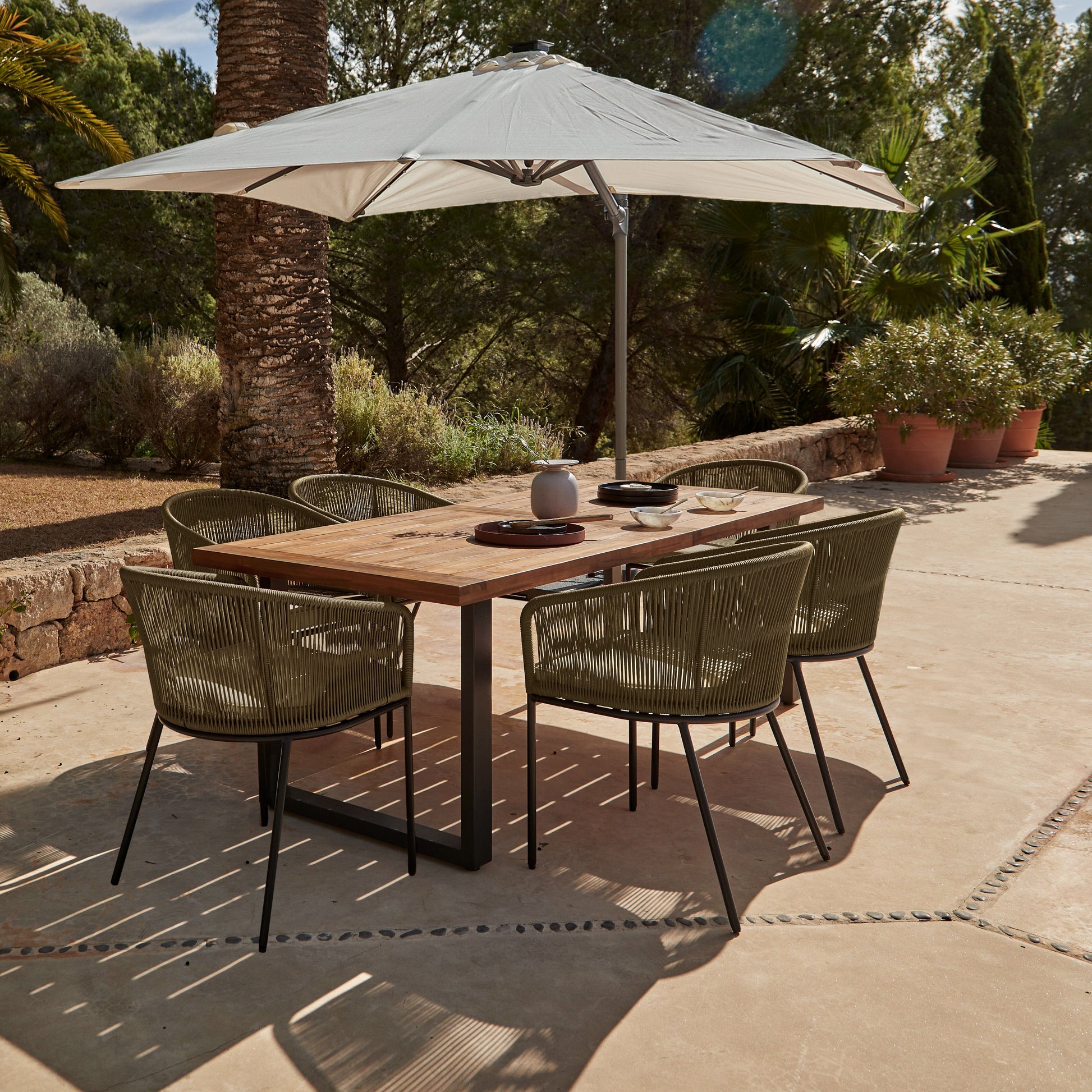 Hali 6 Seater Wooden Outdoor Dining Set with Hali Green Chairs & Premium Cream Parasol - 175cm