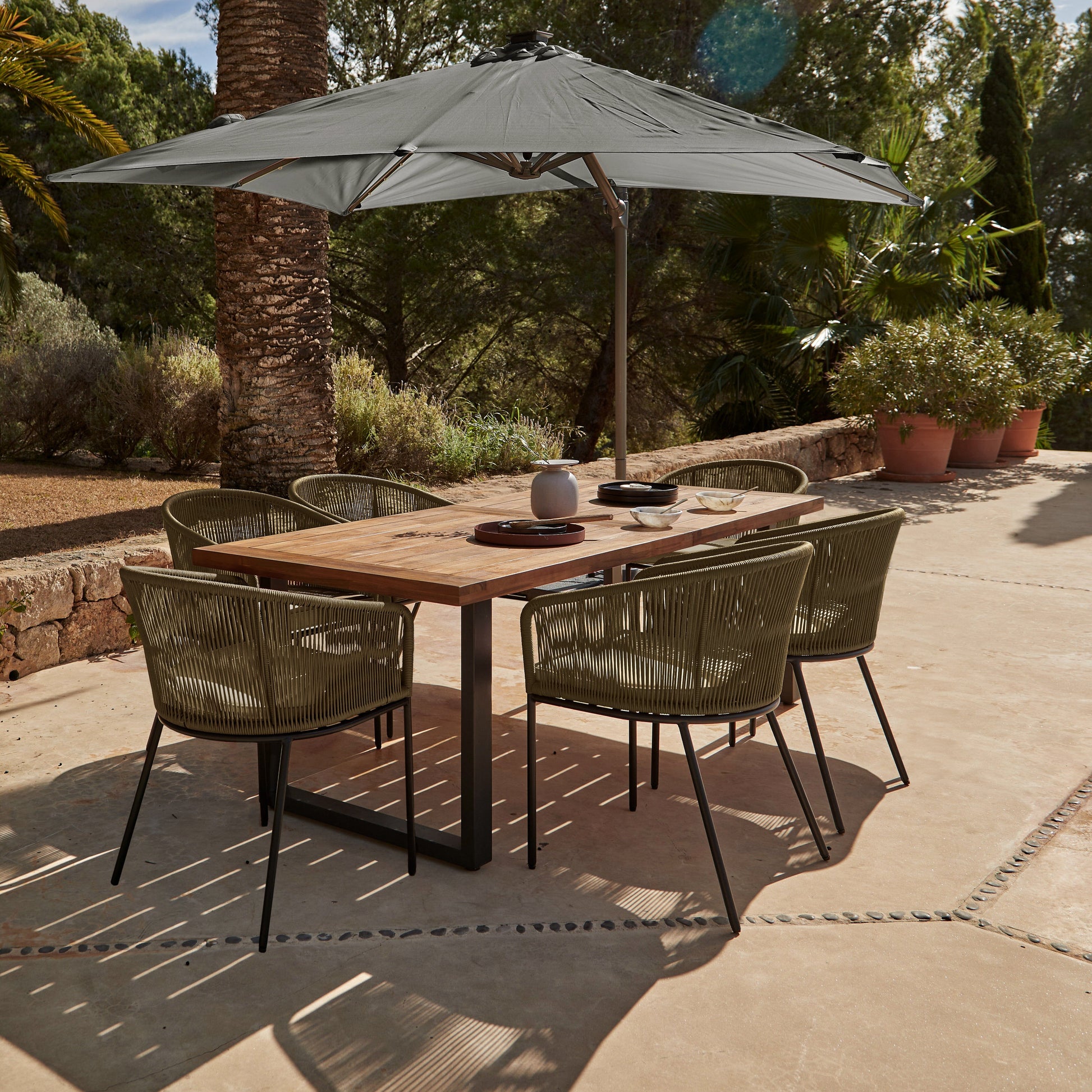 Hali 6 Seater Wooden Outdoor Dining Set with Hali Green Chairs & Premium Grey Parasol - 175cm