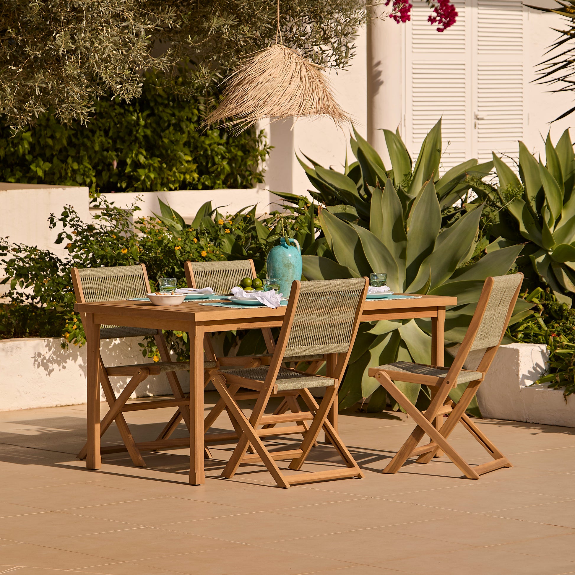 Harlyn 4 Seater Wooden Garden Dining Set with Cove Green Rope Chairs - 160cm - Laura James