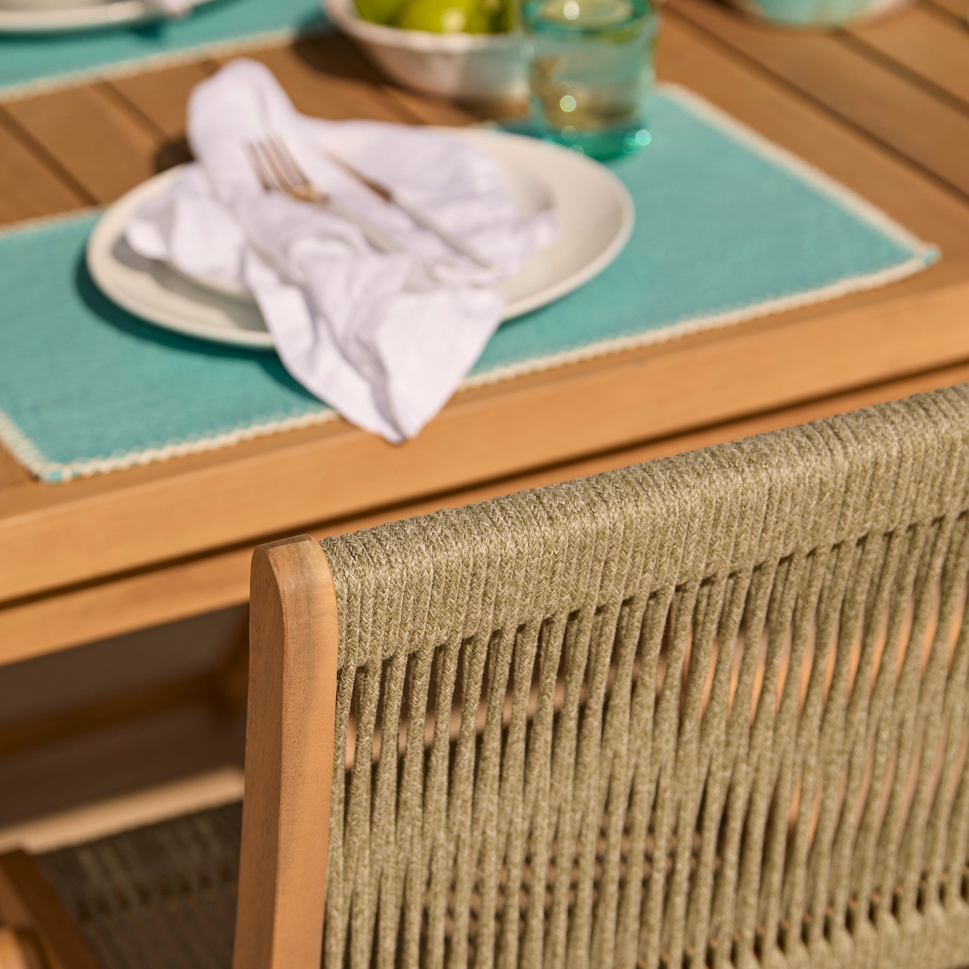 Harlyn 4 Seater Wooden Garden Dining Set with Cove Green Rope Chairs - 160cm - Laura James