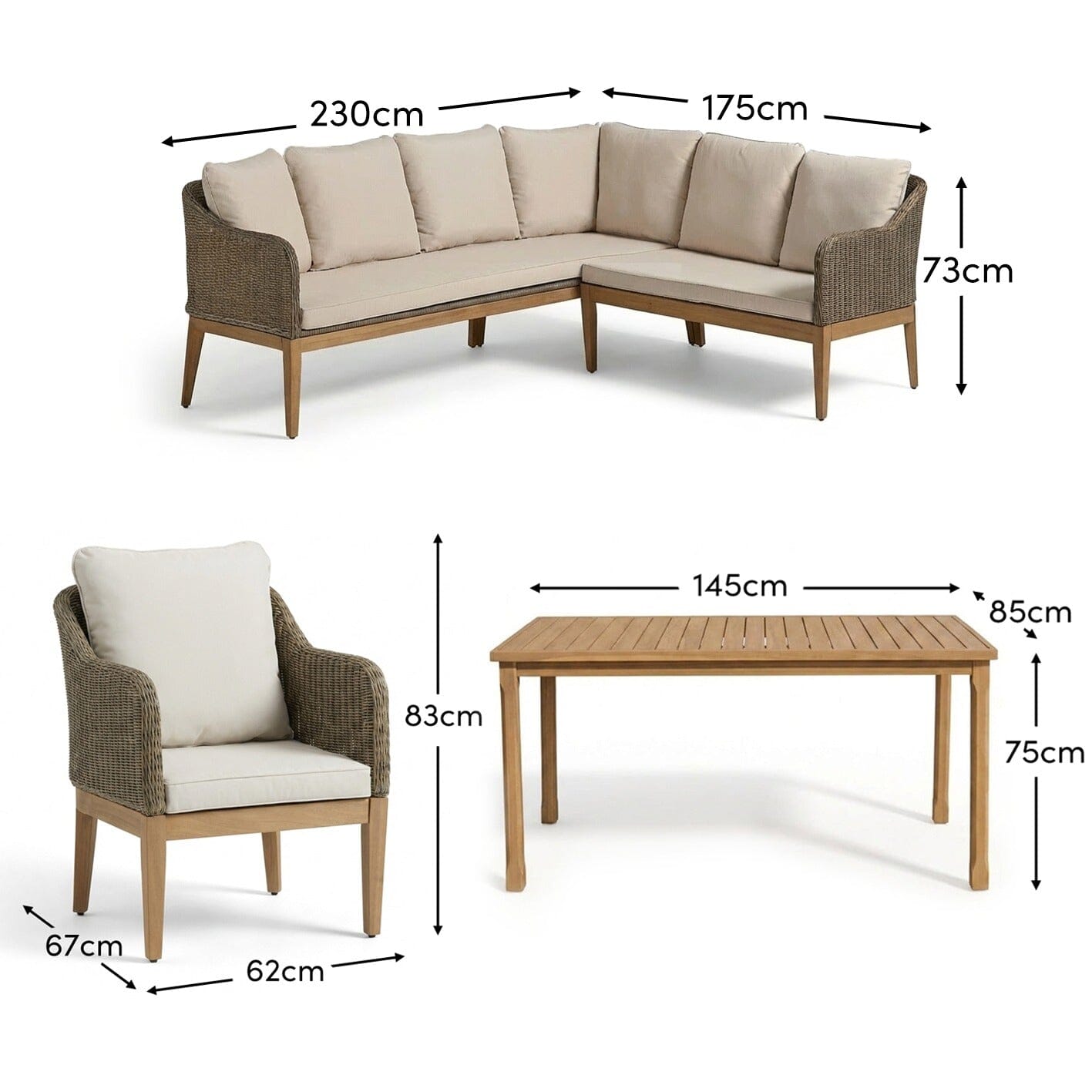 Harlyn 7 Seater Wooden Garden Dining Set with Corner Sofa & 2 Harlyn Dining Armchairs - Laura James