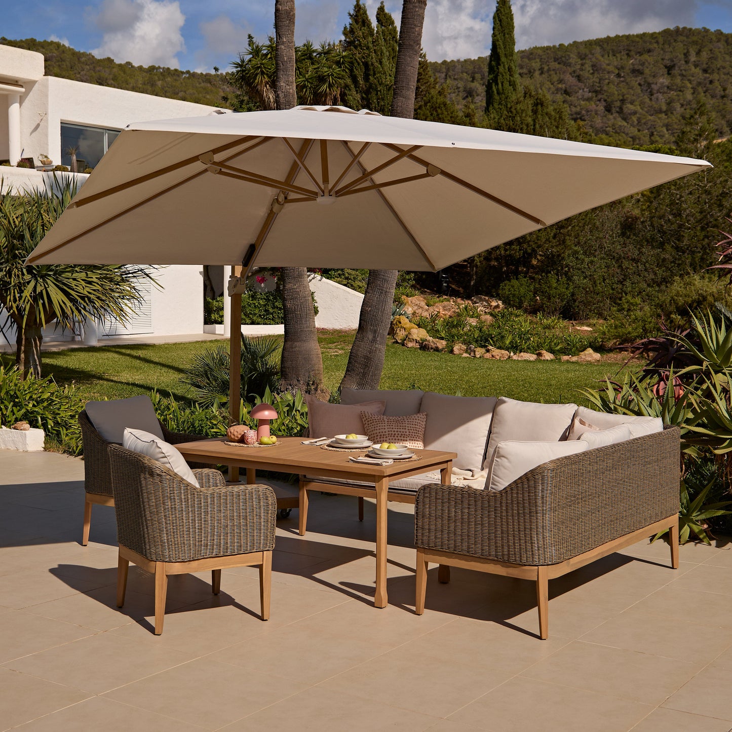 Harlyn 7 Seater Wooden Garden Dining Set with Corner Sofa & 2 Harlyn Dining Armchairs - Laura James