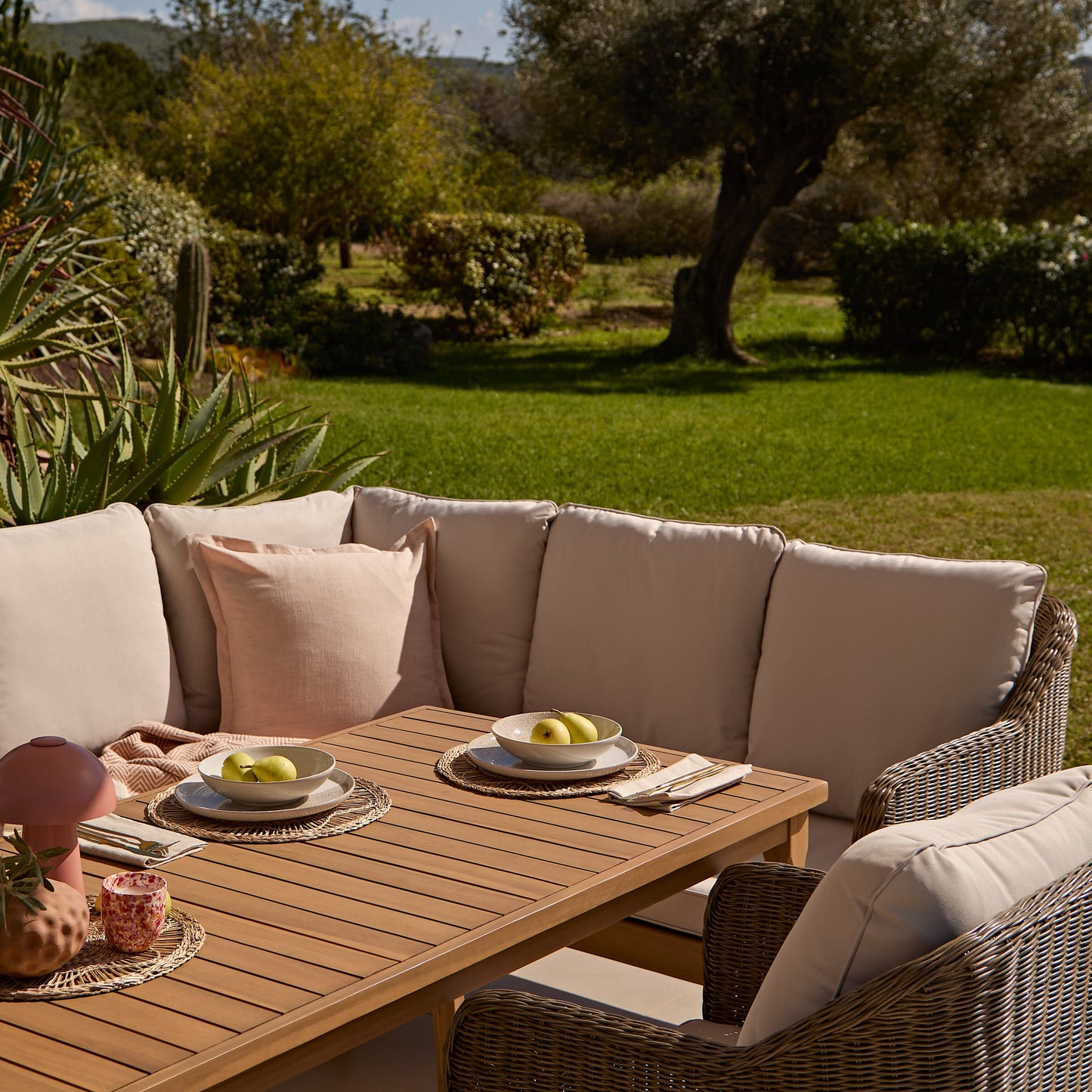 Harlyn 7 Seater Wooden Garden Dining Set with Corner Sofa & 2 Harlyn Dining Armchairs - Laura James