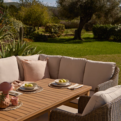 Harlyn 7 Seater Wooden Garden Dining Set with Corner Sofa & 2 Harlyn Dining Armchairs - Laura James
