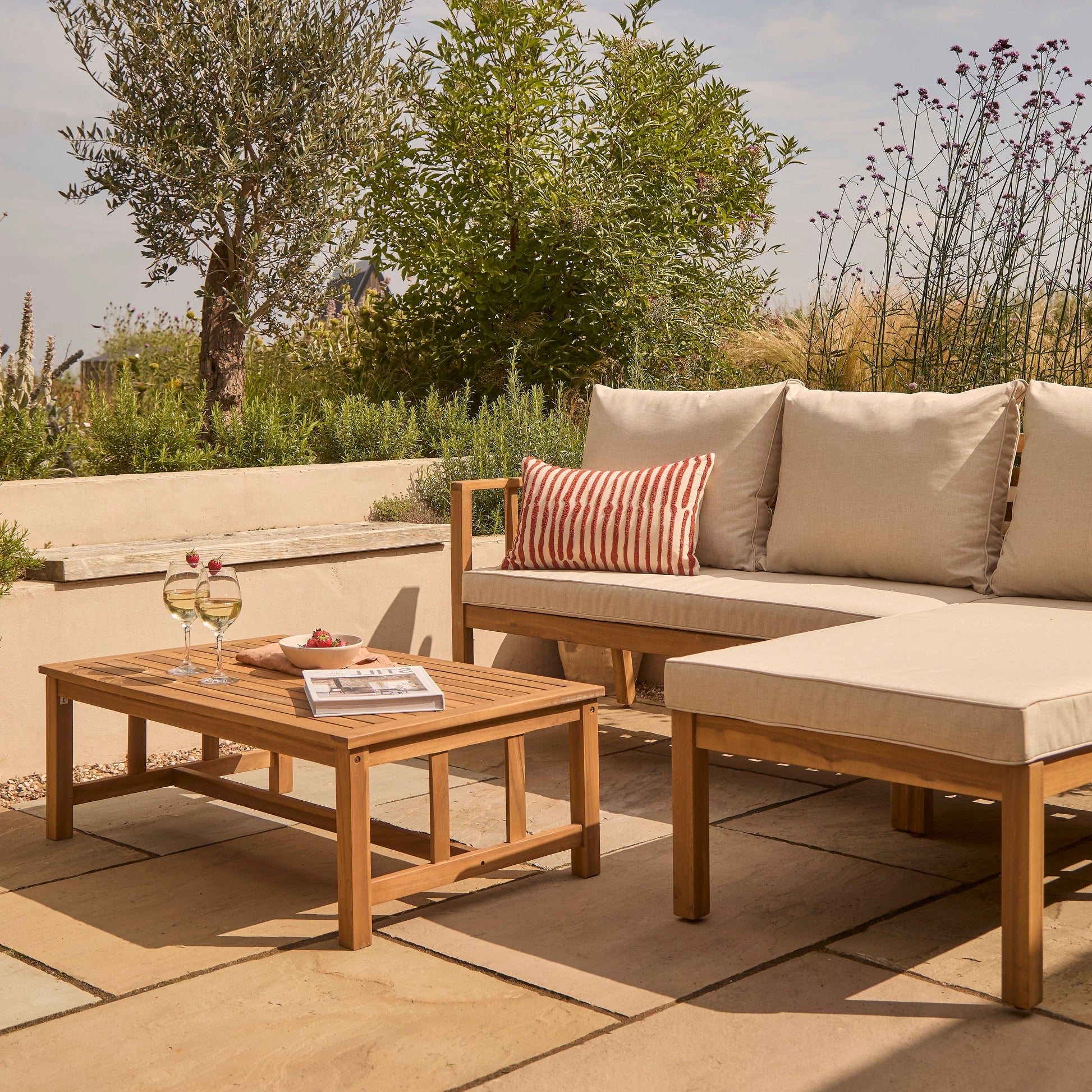 Harrelson 3 Seater Wooden Garden Chaise Corner Set - Natural Acacia and Sand - Laura James