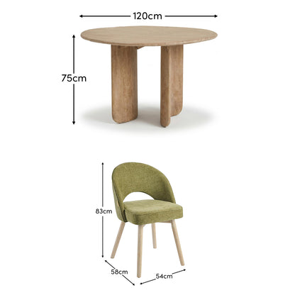 Imogen 120cm Chalked Mango Wood Round Dining Table Set  - 4 Seater - Marilyn Moss Green Dining Chairs - Chalked Mango Wood Legs - Laura James
