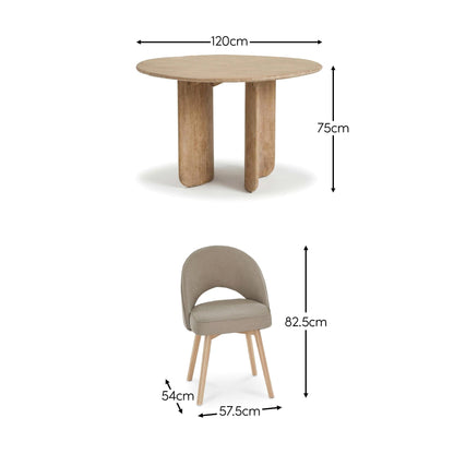 Imogen 120cm Chalked Mango Wood Round Dining Table Set  - 4 Seater - Marilyn Soft Beige Dining Chairs - Chalked Mango Wood Legs - Laura James 