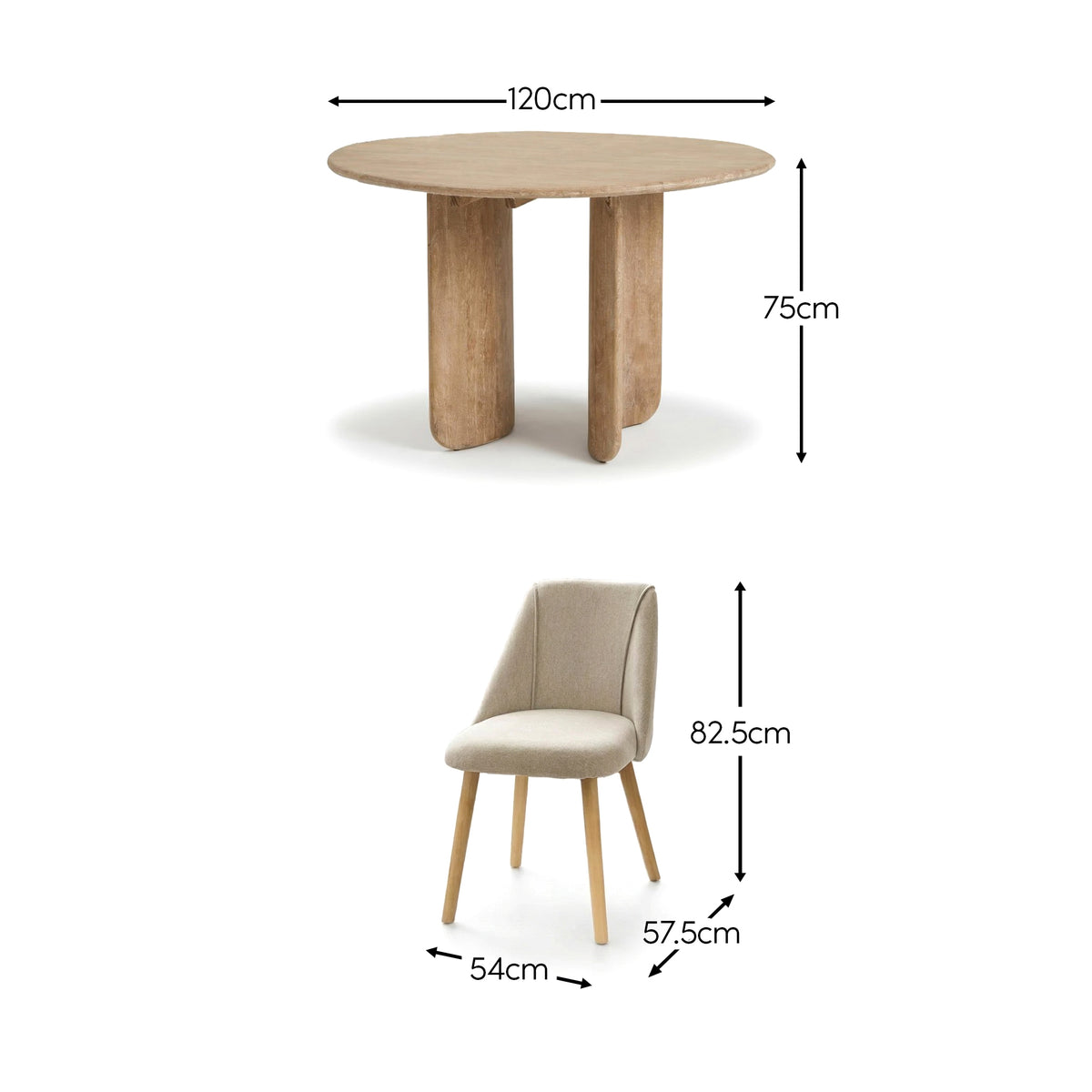 Imogen 120cm Chalked Mangowood Round Dining Table Set - 4 Seater - Freya Sand Dining Chairs - Chalked Mangowood Legs - Laura James 