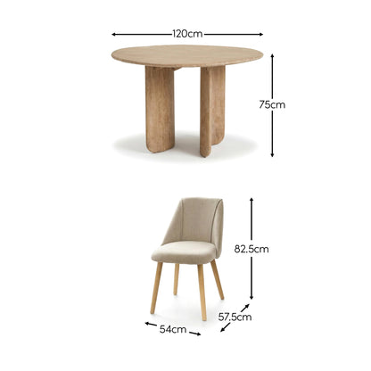 Imogen 120cm Chalked Mangowood Round Dining Table Set - 4 Seater - Freya Sand Dining Chairs - Chalked Mangowood Legs - Laura James 