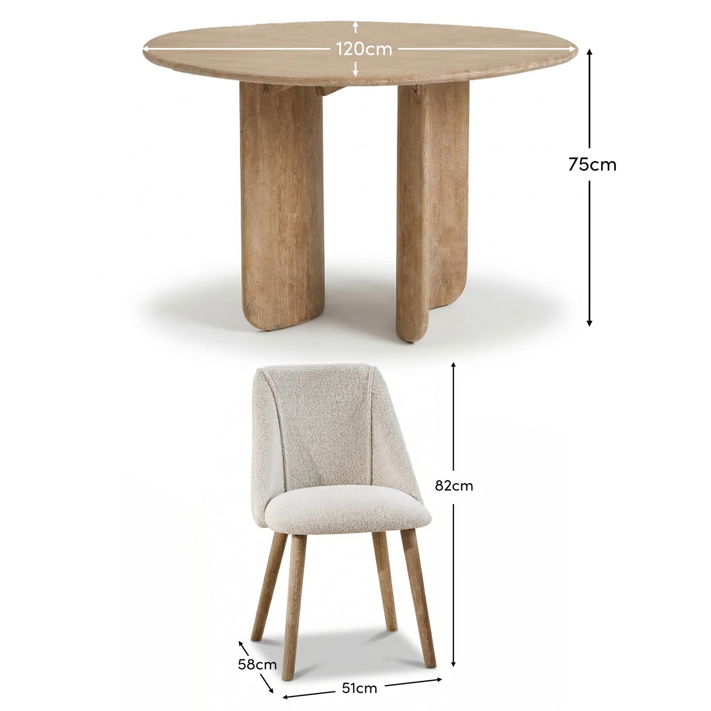 Imogen 120cm Chalked Mango Wood Round Dining Table Set  - 4 Seater - Bella Boucle Dining Chairs - Chalked Mango Wood Legs - Laura James 