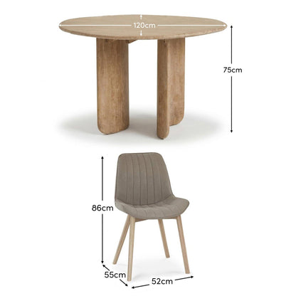 Imogen 120cm Chalked Mango Wood Round Dining Table Set  - 4 Seater - Bella Soft Beige Dining Chairs - Chalked Mango Wood Legs - Laura James 