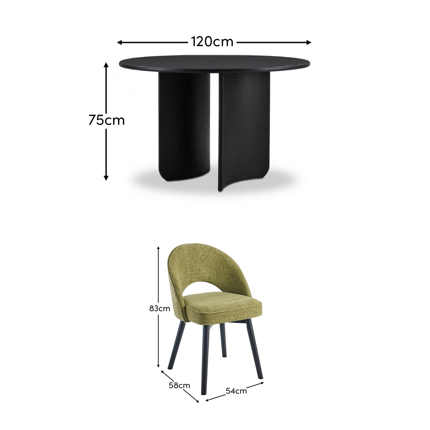Imogen 120cm Jet Black Mango Wood Round Dining Table Set - 4 Seater - Marilyn Moss Green Dining Chairs - Black Legs - Laura James