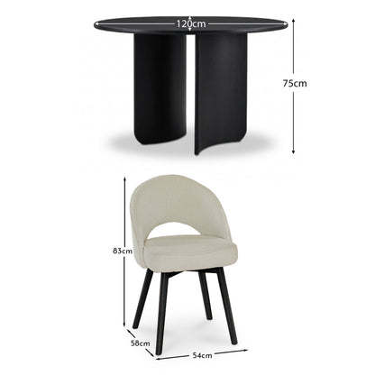 Imogen 120cm Jet Black Mango Wood Round Dining Table Set  - 4 Seater - Marilyn Boucle Dining Chairs - Black Oak Legs