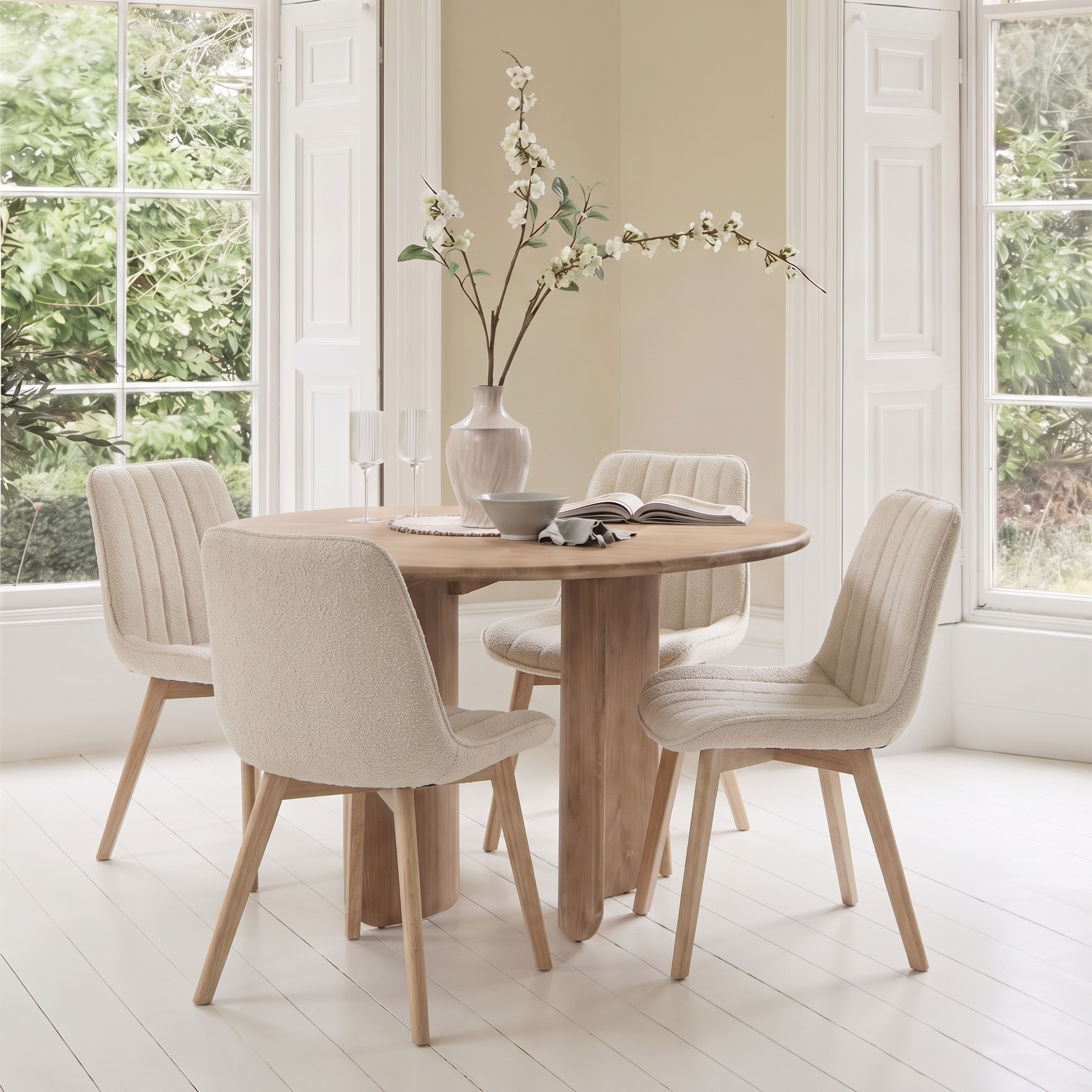 Imogen 120cm Chalked Mango Wood Round Dining Table Set  - 4 Seater - Bella Boucle Dining Chairs - Chalked Mango Wood Legs - Laura James 