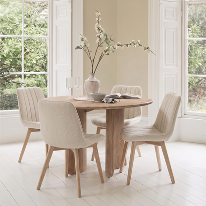 Imogen 120cm Chalked Mango Wood Round Dining Table Set  - 4 Seater - Bella Boucle Dining Chairs - Chalked Mango Wood Legs - Laura James 