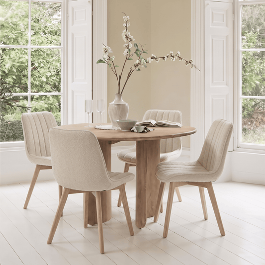 Imogen 120cm Chalked Mango Wood Round Dining Table Set  - 4 Seater - Bella Boucle Dining Chairs - Chalked Mango Wood Legs - Laura James 