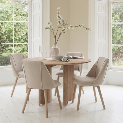 Imogen 120cm Chalked Mangowood Round Dining Table Set - 4 Seater - Freya Sand Dining Chairs - Chalked Mangowood Legs - Laura James 