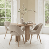 Imogen 120cm Chalked Mango Wood Round Dining Table Set  - 4 Seater - Marilyn Soft Beige Dining Chairs - Chalked Mango Wood Legs - Laura James 