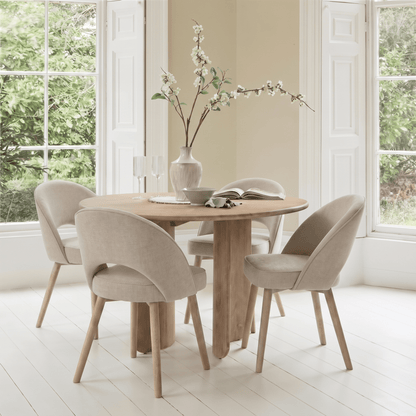 Imogen 120cm Chalked Mango Wood Round Dining Table Set  - 4 Seater - Marilyn Soft Beige Dining Chairs - Chalked Mango Wood Legs - Laura James 