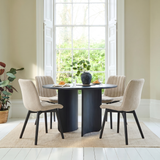 Imogen 120cm Chalked Mango Wood Round Dining Table Set - 4 Seater - Bella Boucle Dining Chairs - Black Oak Legs - Laura James