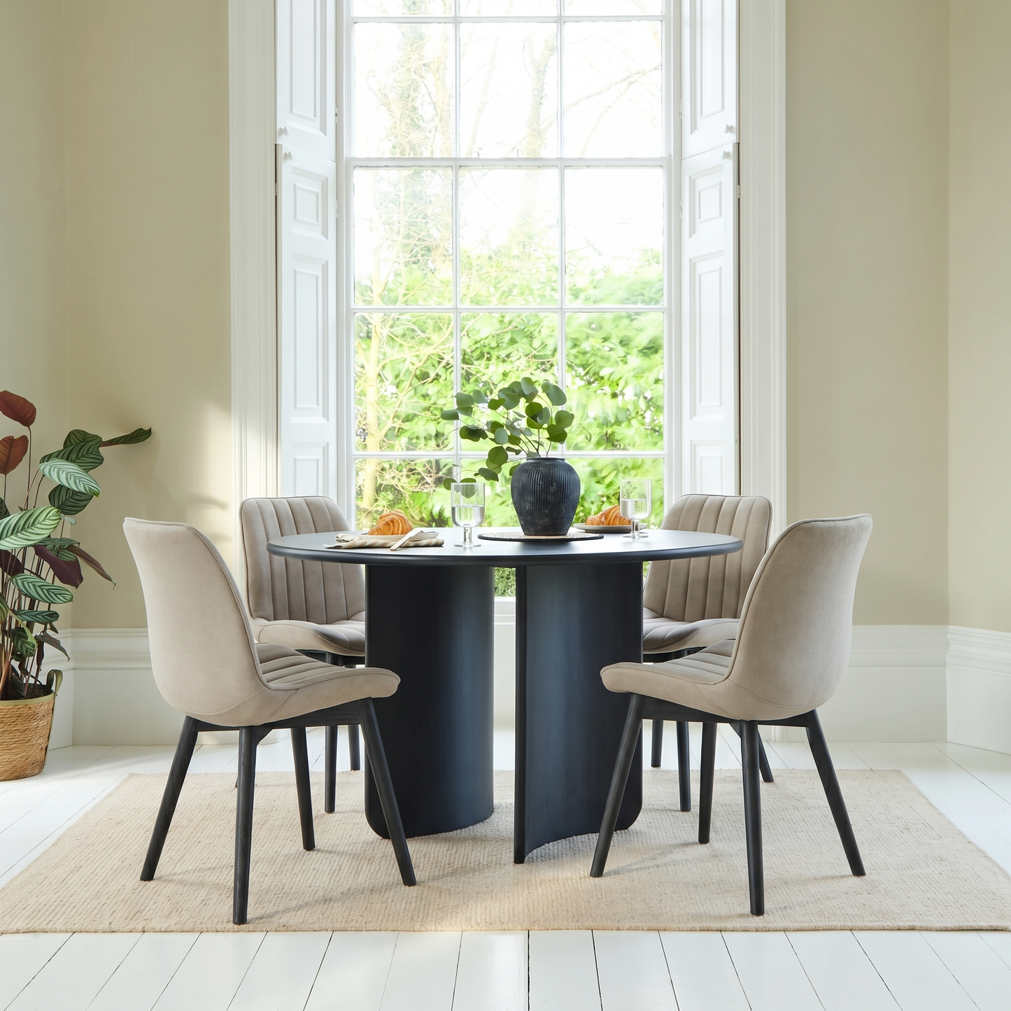 Imogen 190cm Black Mango Wood Dining Table Set  - 6 Seater - Bella Soft Beige Dining Chairs - Black Oak Legs - Laura James