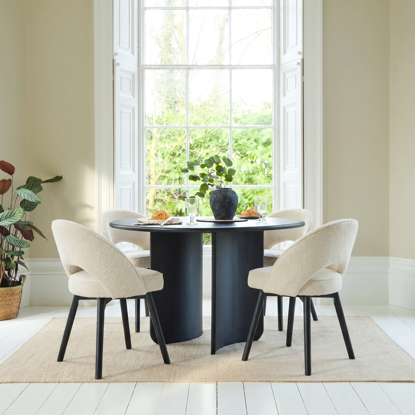 Imogen 120cm Chalked Mango Wood Round Dining Table Set  - 4 Seater - Marilyn Boucle Dining Chairs - Black Oak Legs - Laura James