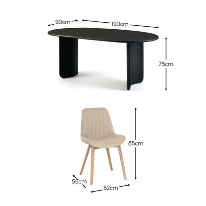 Imogen 190cm Black Mango Wood Dining Table Set  - 6 Seater - Bella Boucle Dining Chairs - Chalked Mango Wood Legs - Laura James 