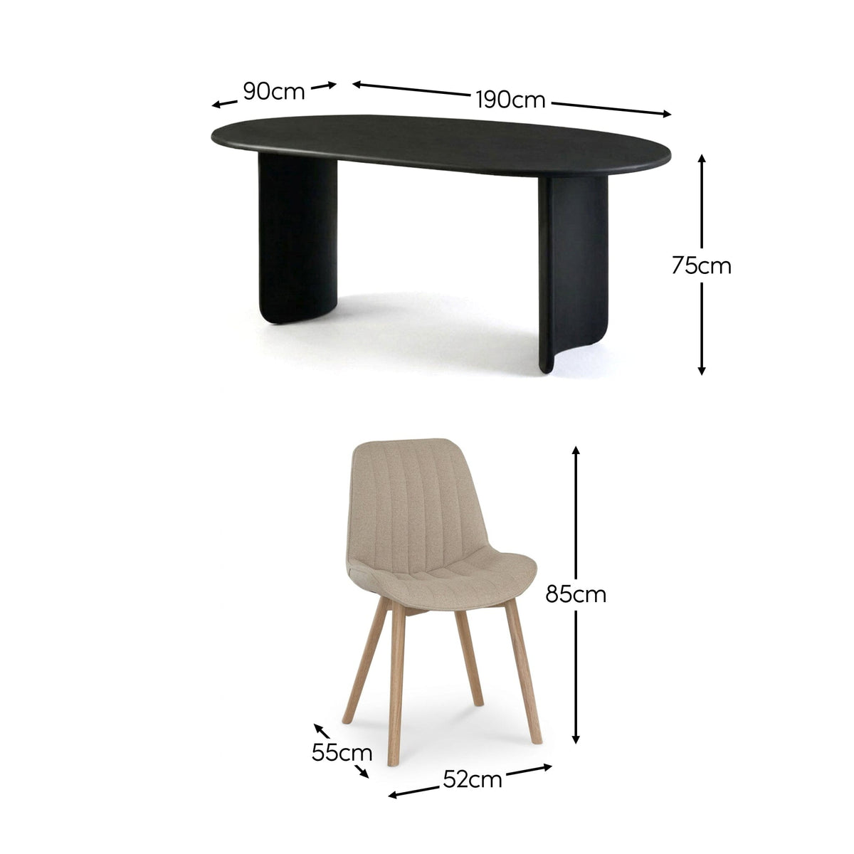 Imogen 190cm Black Mango Wood Dining Table Set  - 6 Seater - Bella Soft Beige Dining Chairs - Chalked Mango Wood Legs - Laura James 