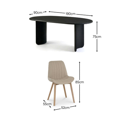 Imogen 190cm Black Mango Wood Dining Table Set  - 6 Seater - Bella Soft Beige Dining Chairs - Chalked Mango Wood Legs - Laura James 