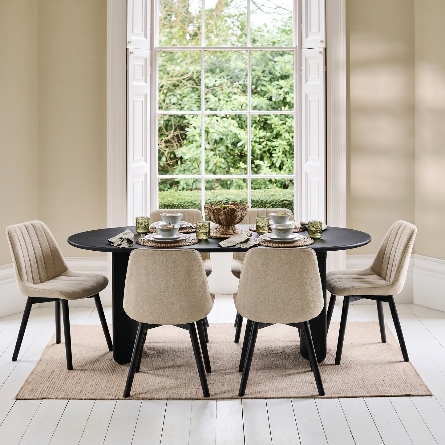 Imogen 190cm Black Mango Wood Dining Table Set  - 6 Seater - Bella Boucle Dining Chairs - Black Oak Legs - Laura James