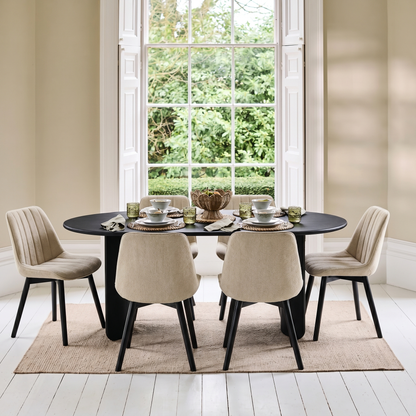 Imogen 190cm Black Mango Wood Dining Table Set  - 6 Seater - Bella Boucle Dining Chairs - Black Oak Legs - Laura James