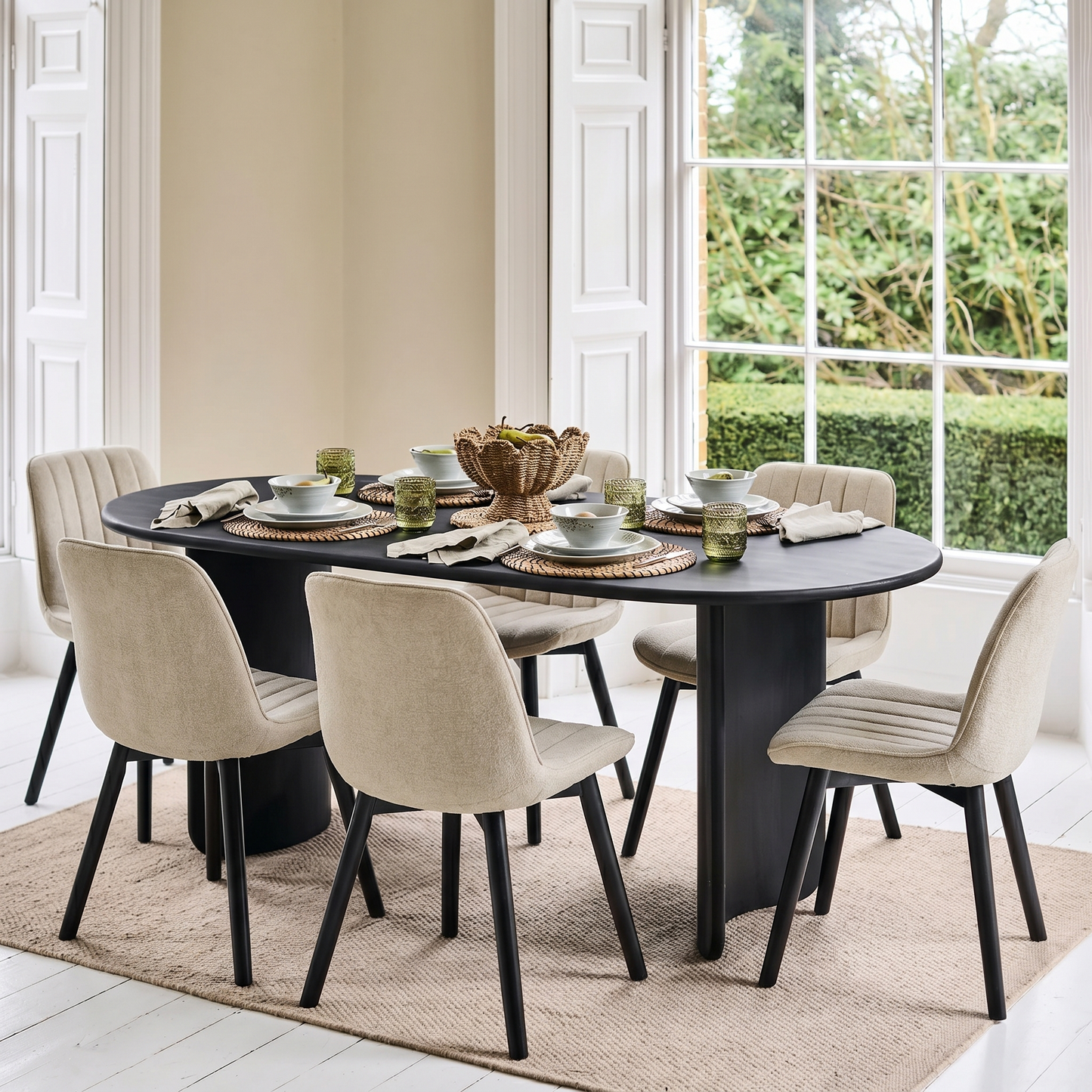 Imogen 190cm Black Mango Wood Dining Table Set  - 6 Seater - Bella Boucle Dining Chairs - Black Oak Legs - Laura James