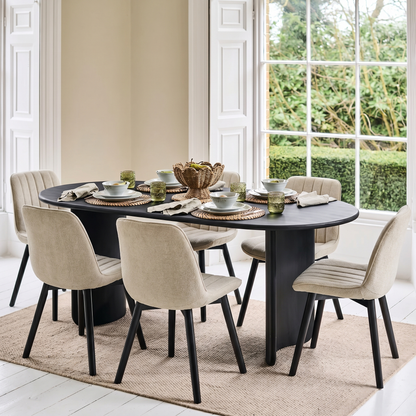 Imogen 190cm Black Mango Wood Dining Table Set  - 6 Seater - Bella Boucle Dining Chairs - Black Oak Legs - Laura James