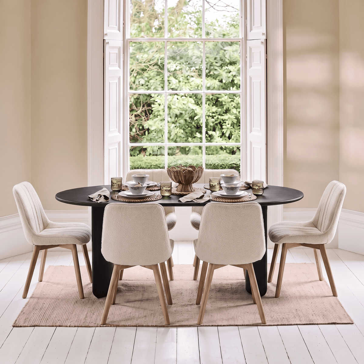 Imogen 190cm Black Mango Wood Dining Table Set  - 6 Seater - Bella Boucle Dining Chairs - Chalked Mango Wood Legs - Laura James 