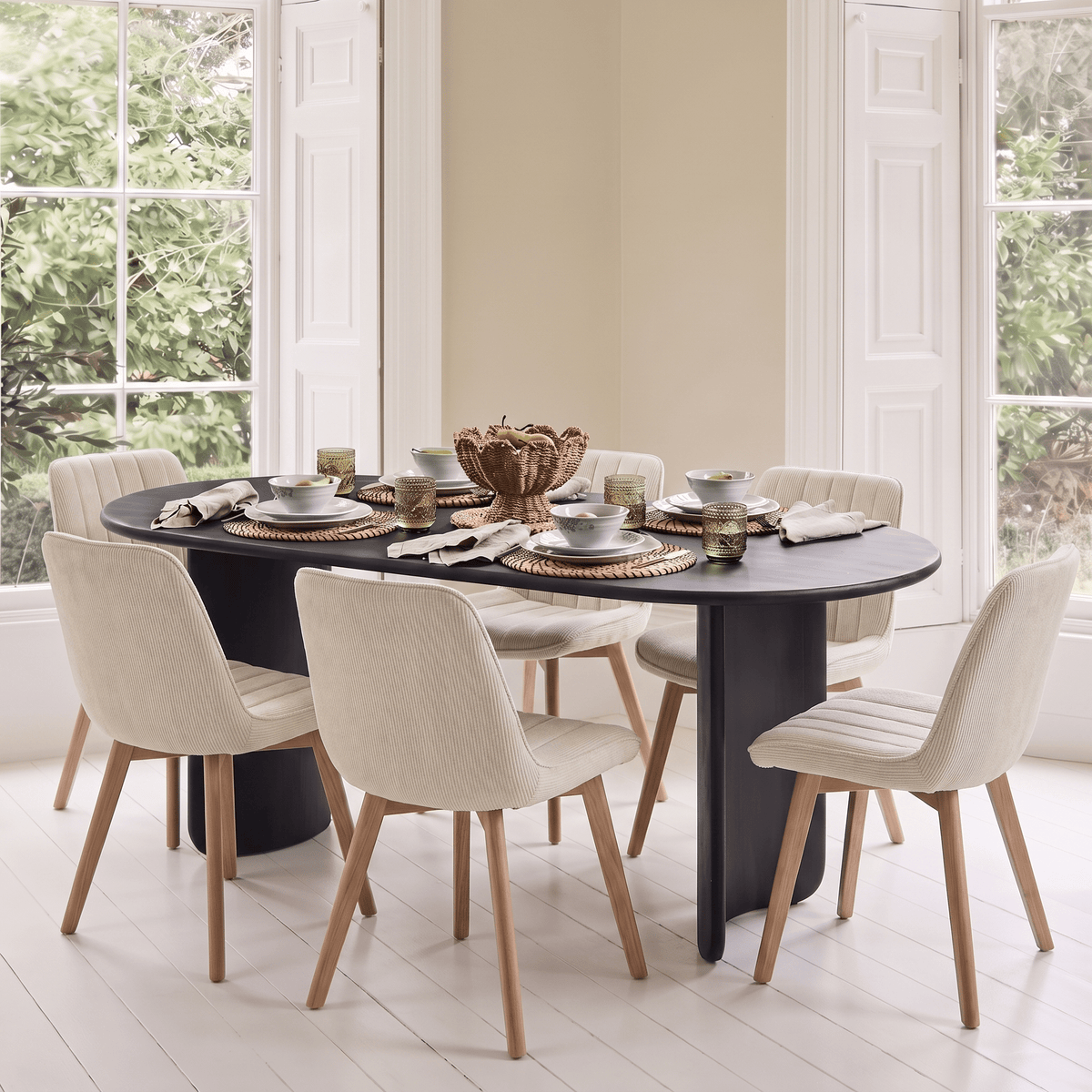 Imogen 190cm Black Mango Wood Dining Table Set  - 6 Seater - Bella Boucle Dining Chairs - Chalked Mango Wood Legs - Laura James 