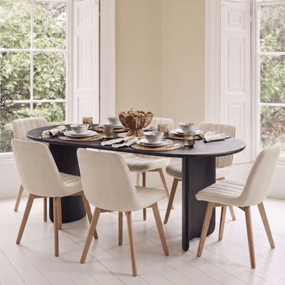 Imogen 190cm Black Mango Wood Dining Table Set  - 6 Seater - Bella Boucle Dining Chairs - Chalked Mango Wood Legs - Laura James 