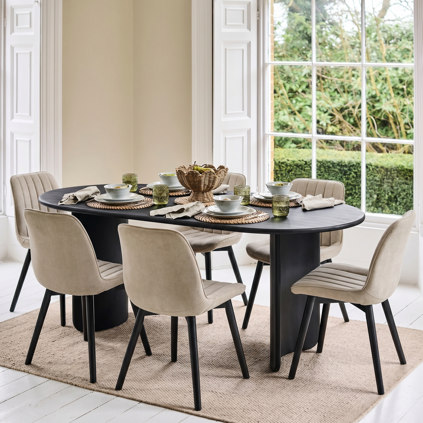 Imogen 190cm Black Mango Wood Dining Table Set  - 6 Seater - Bella Soft Beige Dining Chairs - Black Oak Legs - Laura James