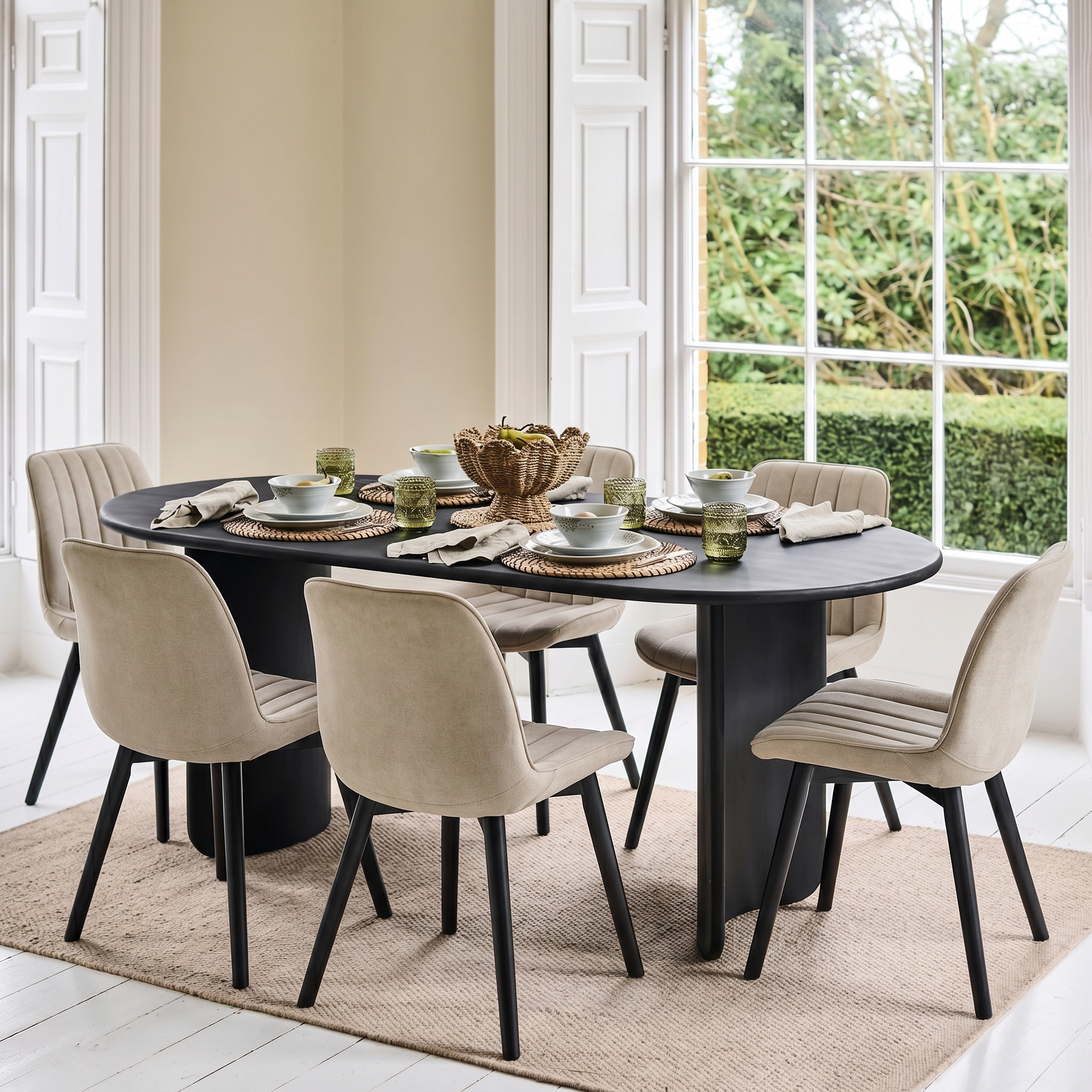 Imogen 190cm Black Mango Wood Dining Table Set  - 6 Seater - Bella Soft Beige Dining Chairs - Black Oak Legs - Laura James