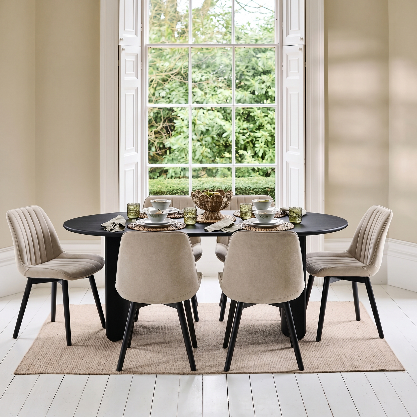 Imogen 190cm Black Mango Wood Dining Table Set  - 6 Seater - Bella Soft Beige Dining Chairs - Black Oak Legs - Laura James