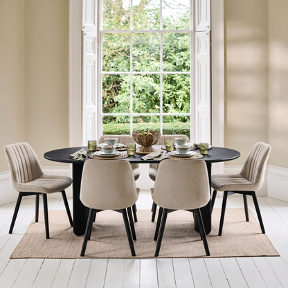 Imogen 190cm Black Mango Wood Dining Table Set  - 6 Seater - Bella Soft Beige Dining Chairs - Black Oak Legs - Laura James