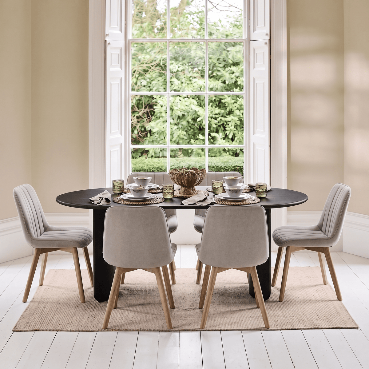Imogen 190cm Black Mango Wood Dining Table Set  - 6 Seater - Bella Soft Beige Dining Chairs - Chalked Mango Wood Legs - Laura James 