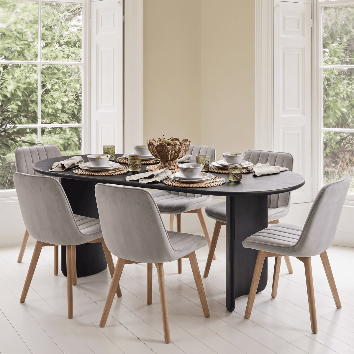 Imogen 190cm Black Mango Wood Dining Table Set  - 6 Seater - Bella Soft Beige Dining Chairs - Chalked Mango Wood Legs - Laura James 
