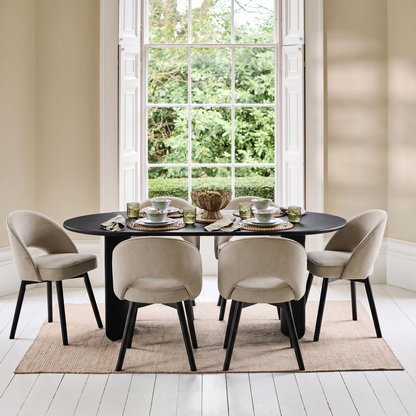 Imogen 190cm Black Mango Wood Dining Table Set  - 6 Seater - Marilyn Soft Beige Dining Chairs - Black Oak Legs - Laura James